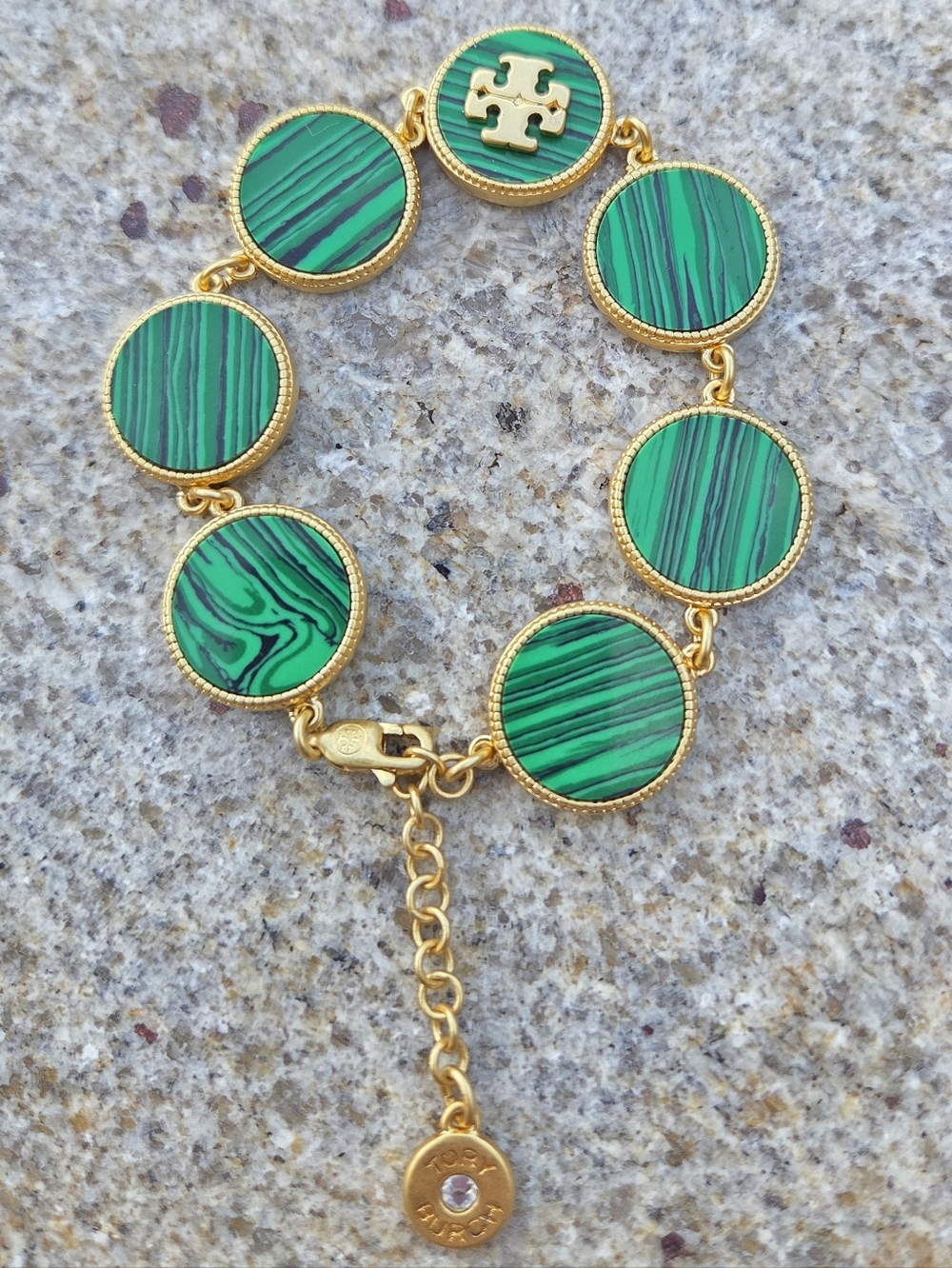 Tory Burch Green Malachite Style Gold Tone Bracelet Medallion Logo